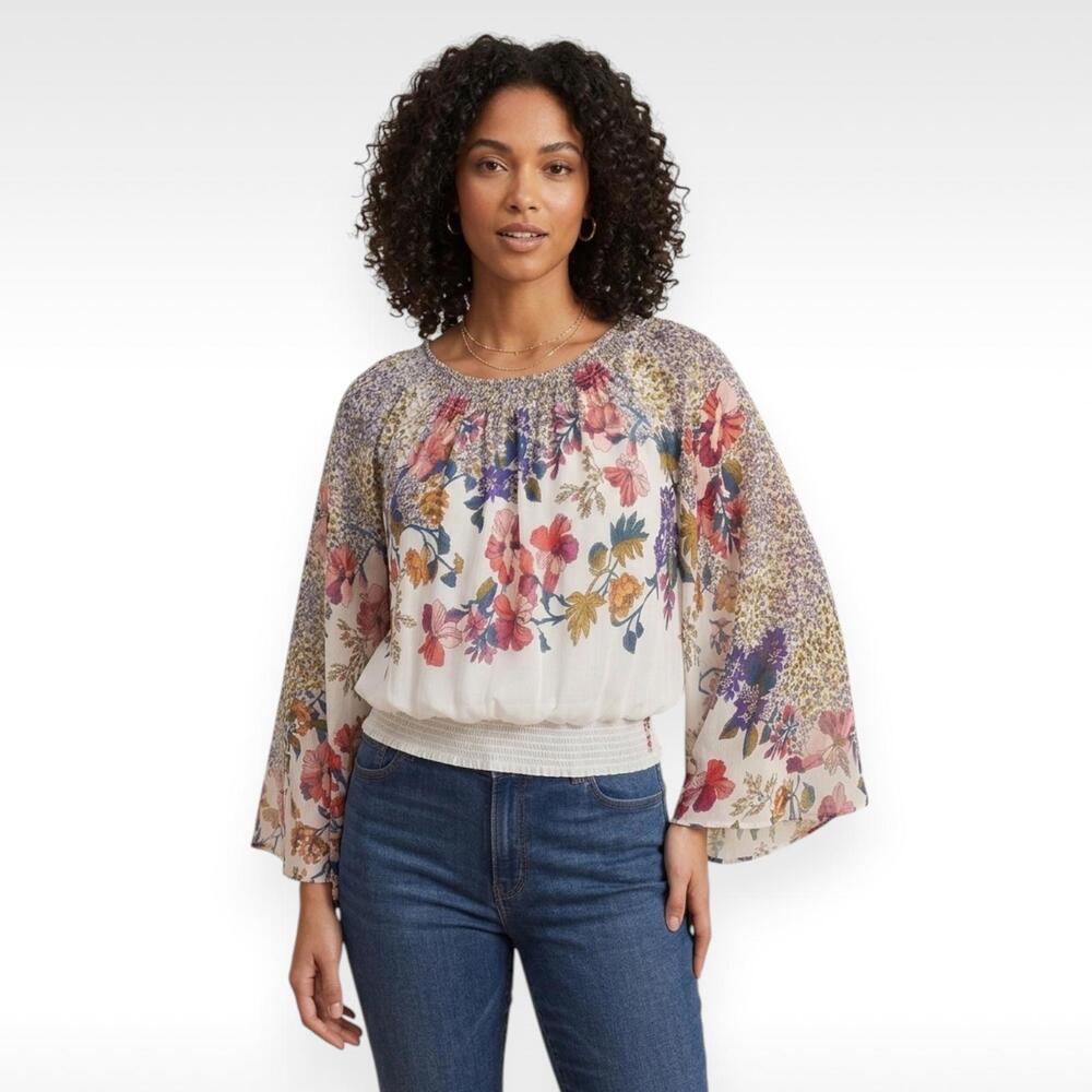 Anthropologie Floral Smocked Blouse - Size M - Boho Gauzy Bell Sleeve Top
